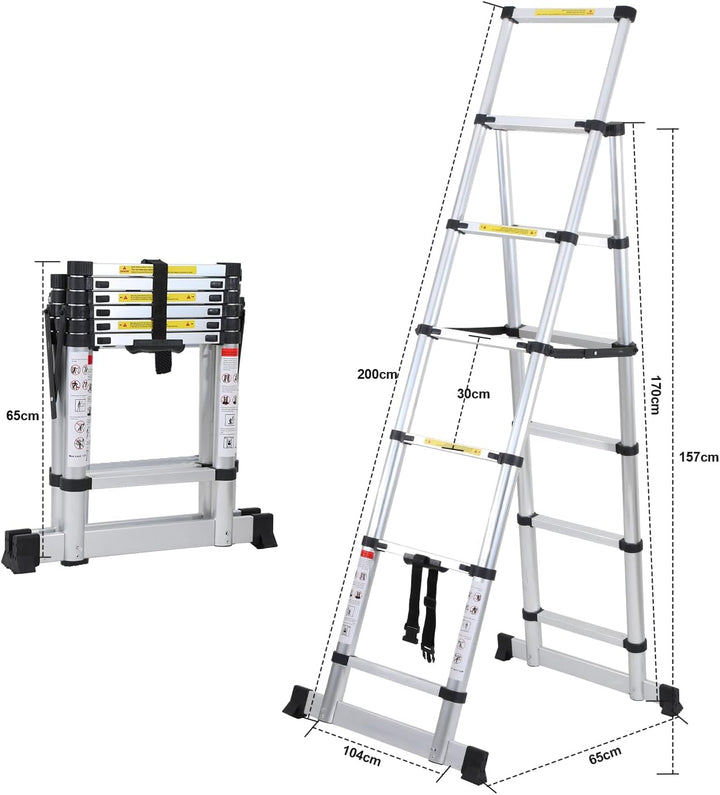 Fiqops 1,7m+2m Teleskopleiter aus Aluminium, 5+6 Stufen Klappleiter A-Rahmen Mehrzweckleiter Stehlei