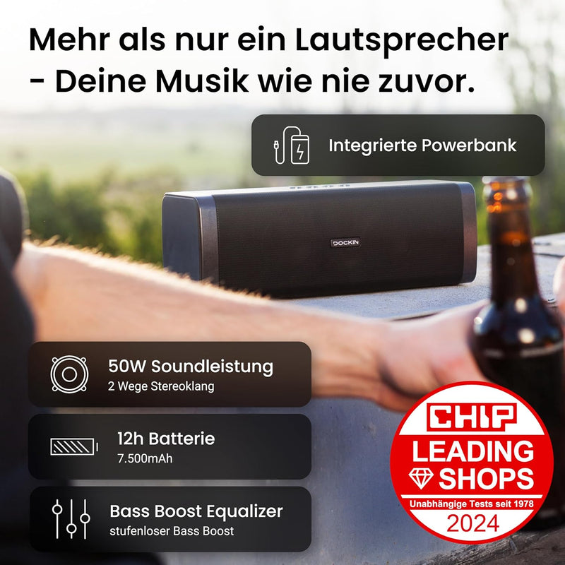 DOCKIN® D FINE Bluetooth Lautsprecher - 50 Watt Stereo HiFi Speaker für Indoor/Outdoor mit starkem B