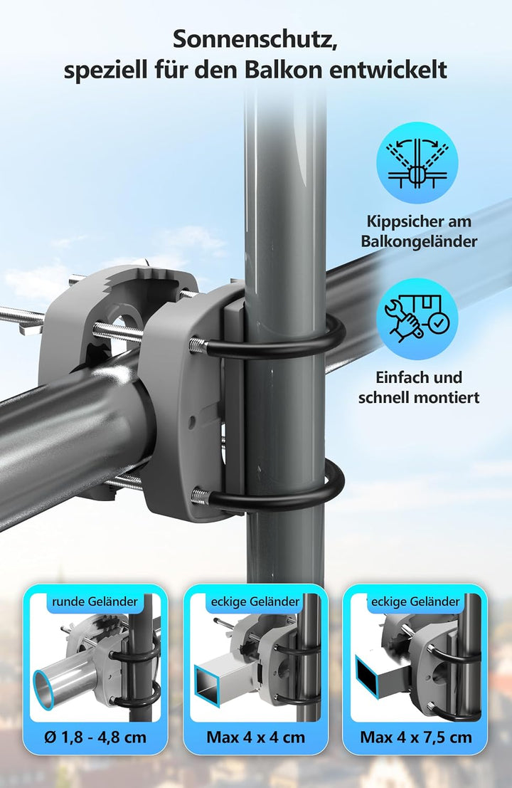 4smile Sonnenschirm Balkon im Set – Sonnenschirm rechteckig 210×140 cm, UV 50+ Sonnenschutz Balkon,