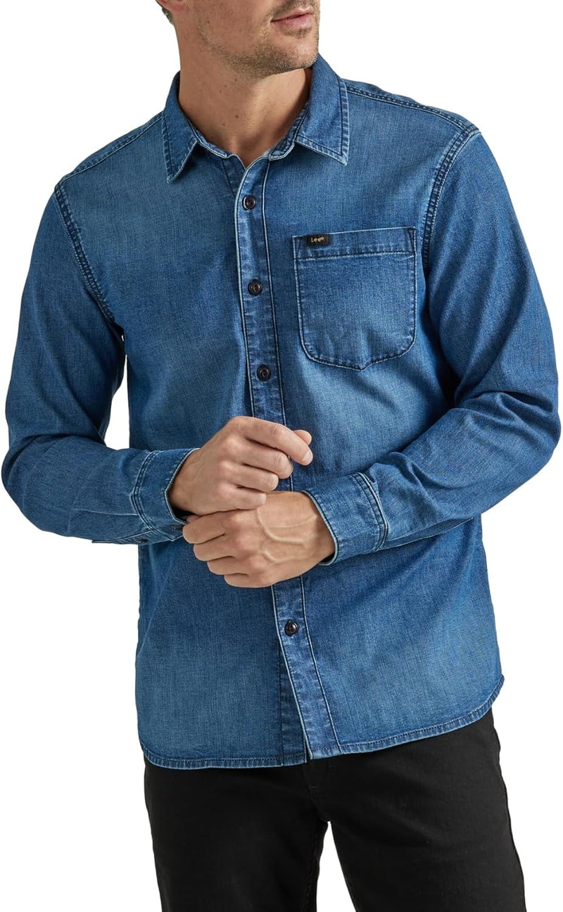 Lee Herren Extreme Motion Allzweck-arbeitshemd, Langärmelig Hemd mit Button-Down-Kragen S Denim Medi