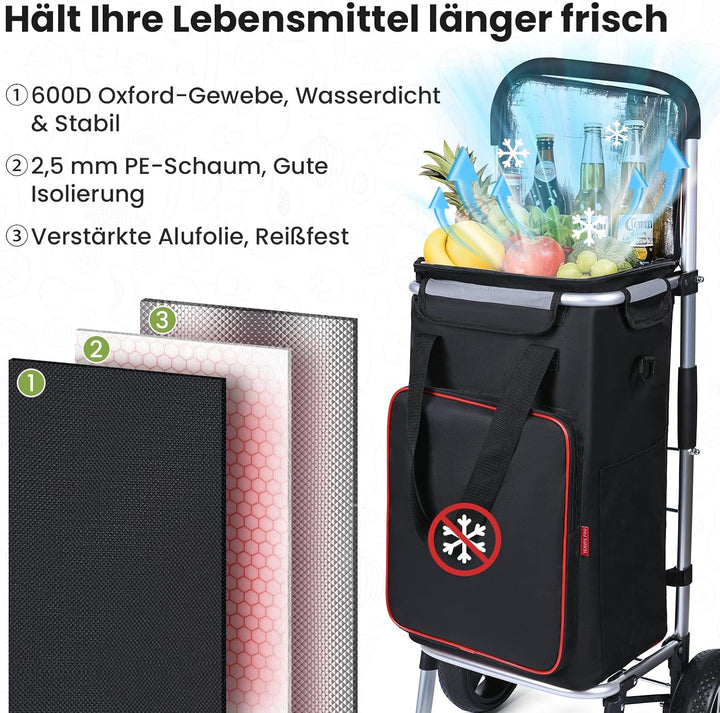 YEAUPE PRO Einkaufswagen mit Kühlfach | max. 50L & 25kg Traglast | Klappbarer 3in-1 Trolley Sackkarr