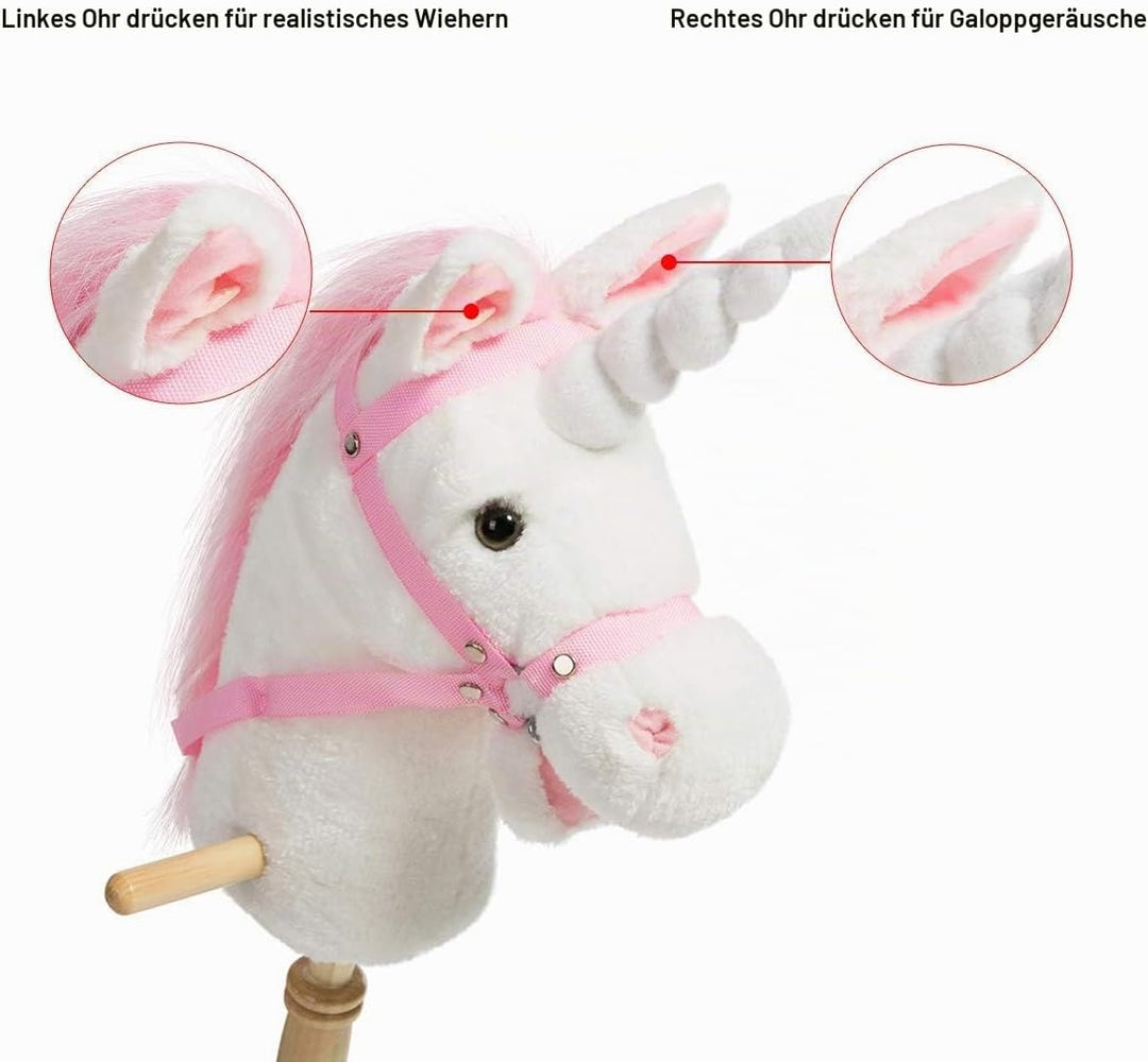 36-inch Weiss Steckenpferd mit Guten Griffen und Rädern Einhorn Plüschtier