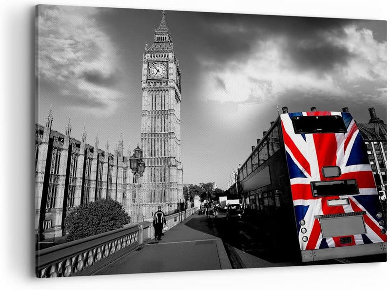 Bilder auf Leinwand 100x70cm Leinwandbild Bus London Big Ben Gebäude Gross Wanddeko Bild Schlafzimme