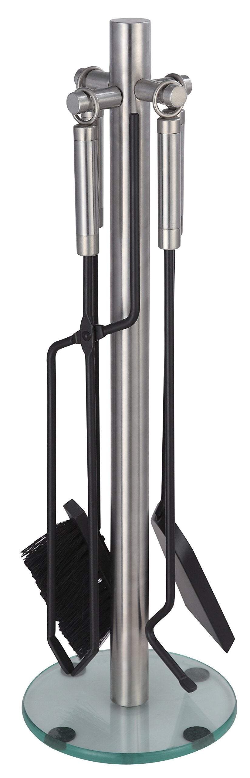 Kaminbesteck Ständer aus Edelstahl, Sockel aus gehärtetem Glas, Besteckteile schwarz mit Edelstahl