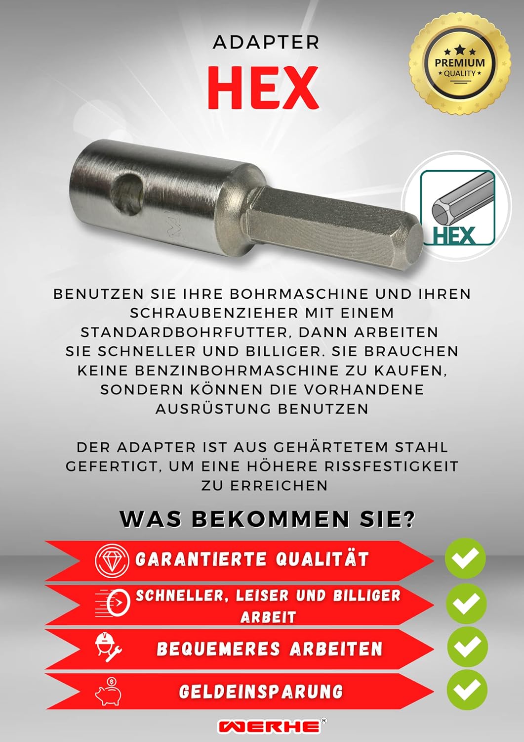 WERHE Profi Adapter Shaft für Erdbohrer passend für Hex Bohrmaschine Akkubohrmaschine Akkuschrauber