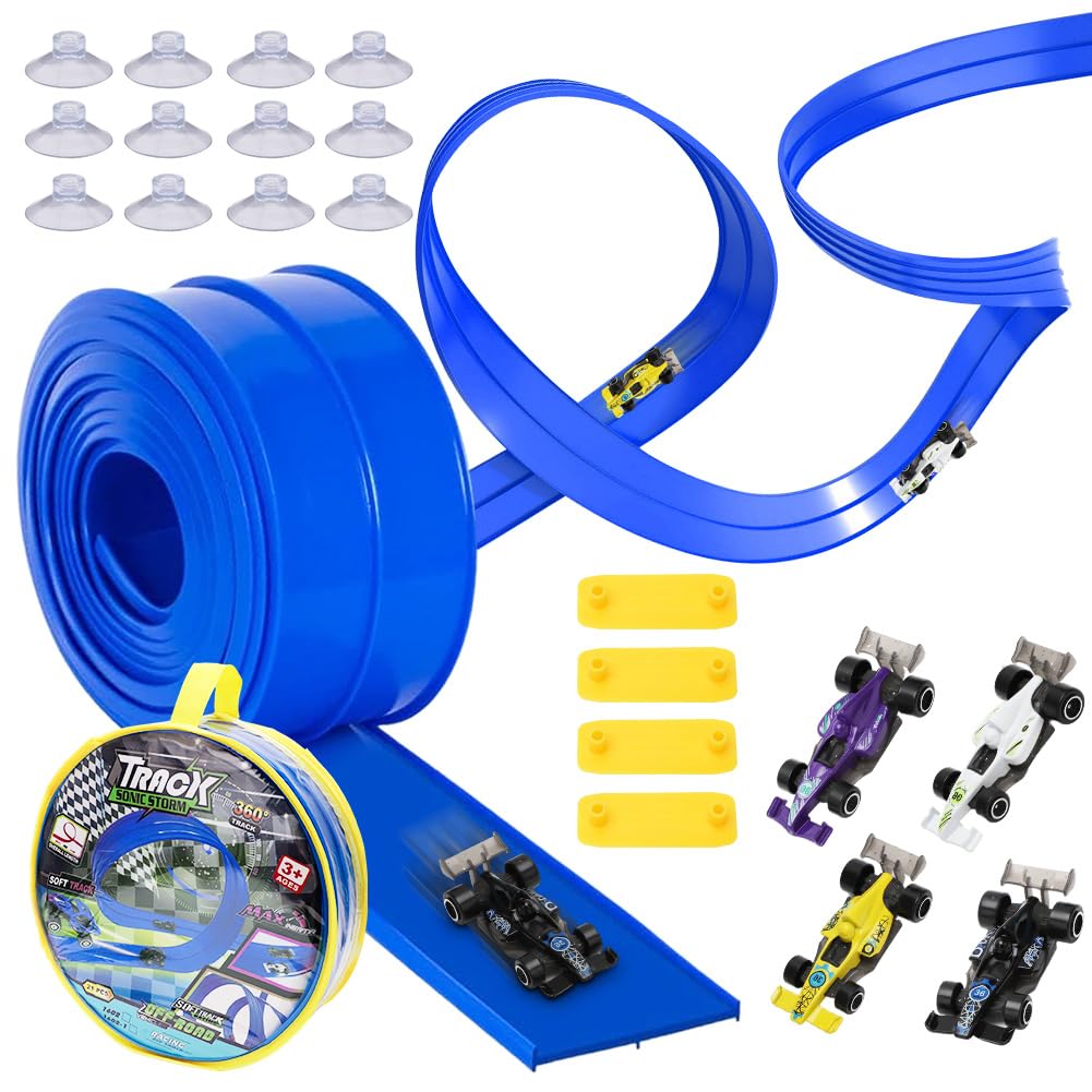 Yuraigm Autorennbahn Rennbahn, 5M Autorennbahn Flexible Rennstrecke Auto Spielzeug mit 4 Leichtmetal