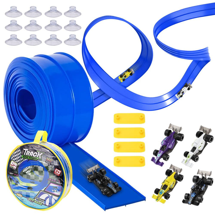 Yuraigm Autorennbahn Rennbahn, 5M Autorennbahn Flexible Rennstrecke Auto Spielzeug mit 4 Leichtmetal