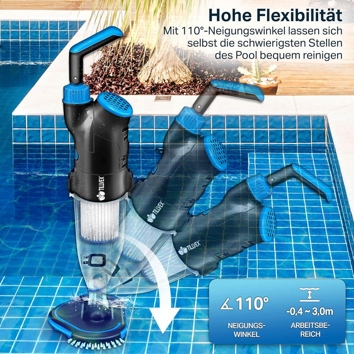 tillvex Poolsauger mit Akku | Pool Bodensauger Teleskopstange elektrisch | Poolreiniger mit Filter &