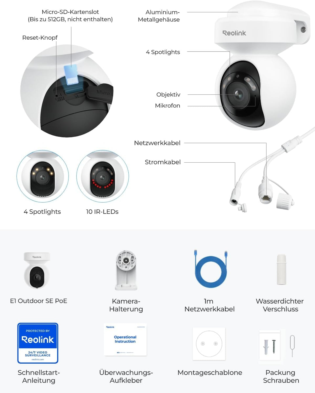 Reolink 4K PoE-Sicherheitskamera für Heimüberwachung, IP-Kamera für den Aussenbereich mit Farbnachts