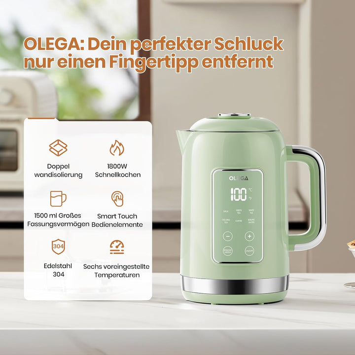 OLEGA Wasserkocher: 1800 W Wasserkocher mit Temperaturregelung, 1,5 l Fassungsvermögen, Edelstahl, S