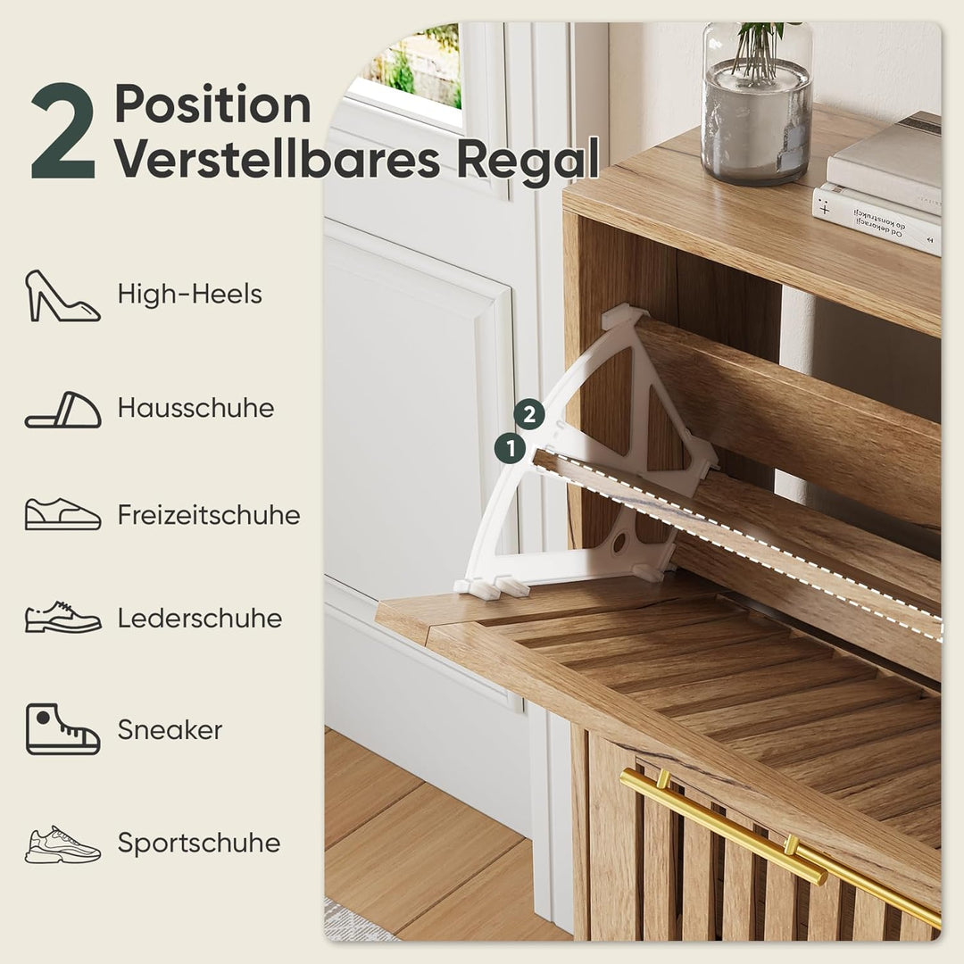 Schuhschrank mit 2 klappbaren Lattenschubladen, schmaler Schuhschrank aus Holz mit goldfarbenem Grif