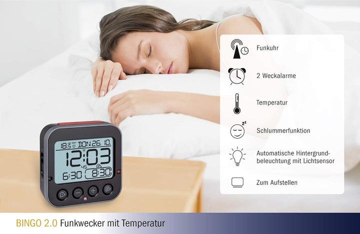 TFA Dostmann Bingo 2.0 digitaler Funk-Wecker mit Temperaturanzeige, Kunststoff, schwarz, (L) 95 x (B