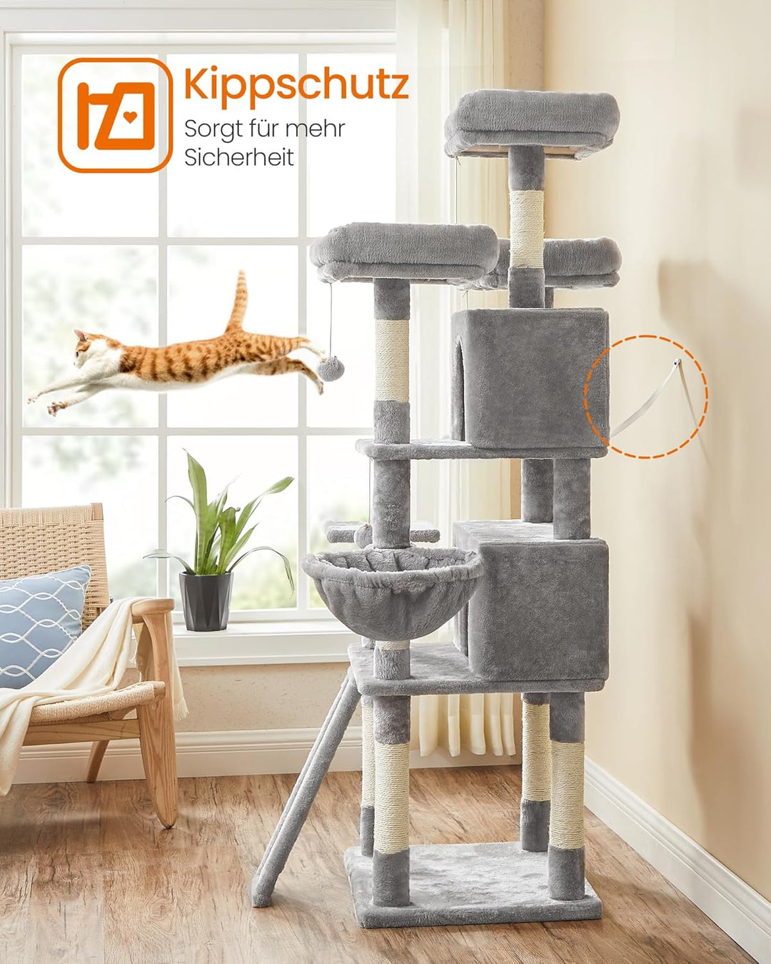 Feandrea Kratzbaum, XXL Katzenbaum, 169 cm, hellgrau PCT019W01 Hellgrau 54L x 49B x 169H cm, Hellgra