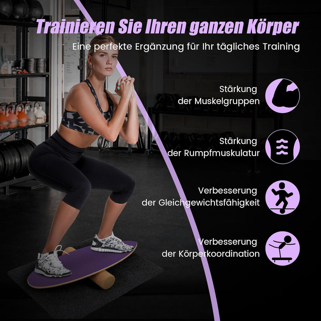 COSTWAY Balance Board aus Holz, Balancebrett, Balance Trainer Trickboard für zuhause, inkl. Korkroll