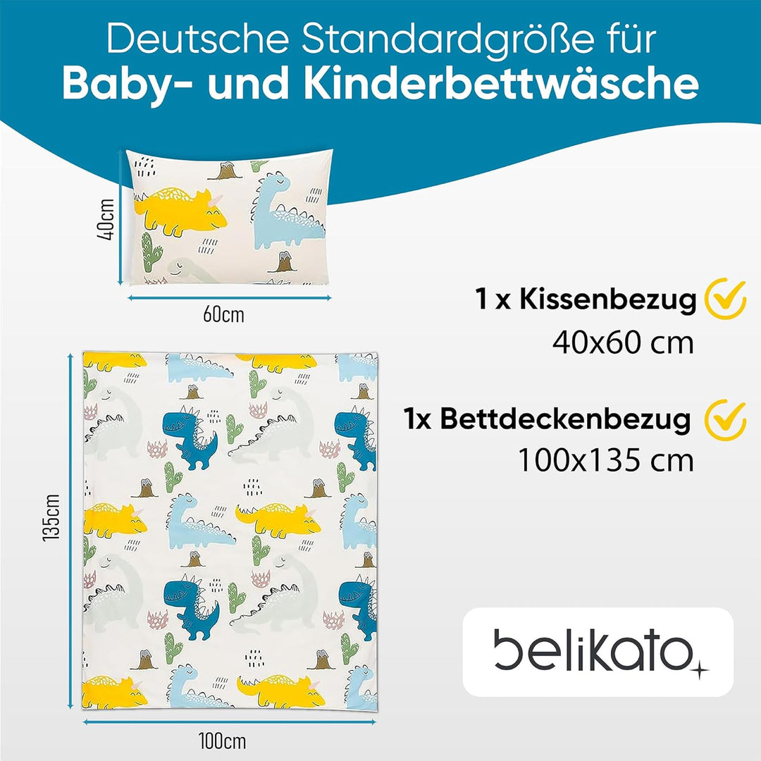 BELIKATO Kinderbettwäsche 100x135 aus 100% Baumwolle mit Dino-Motiven - Kinder- und Baby-Bettwäsche