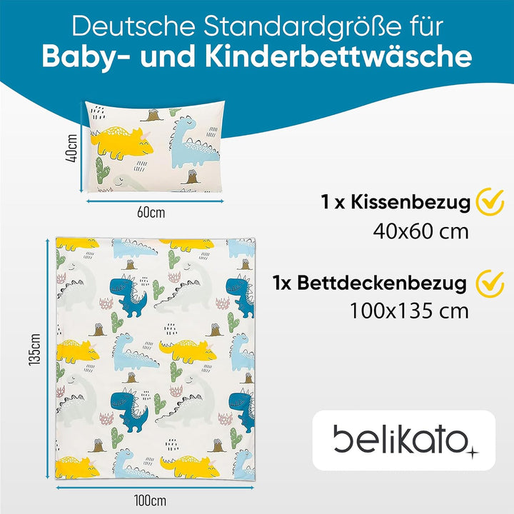 BELIKATO Kinderbettwäsche 100x135 aus 100% Baumwolle mit Dino-Motiven - Kinder- und Baby-Bettwäsche