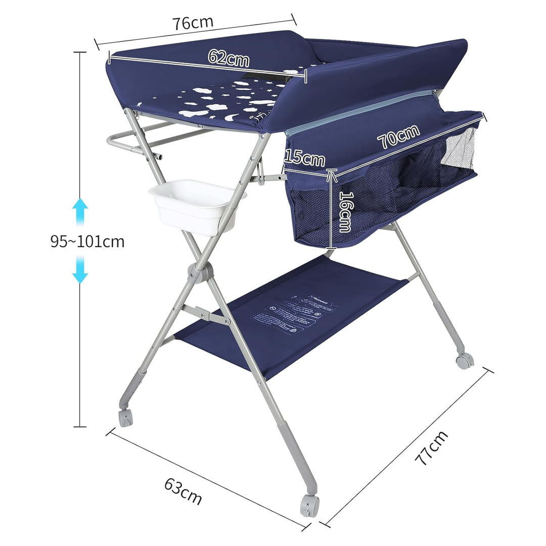 Baby Klappbarer Wickeltisch，Mobiler Wickeltisch mit Rollen und Wickelauflage,Wasserdicht und Höhenve