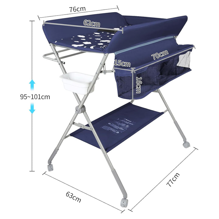 Baby Klappbarer Wickeltisch，Mobiler Wickeltisch mit Rollen und Wickelauflage,Wasserdicht und Höhenve