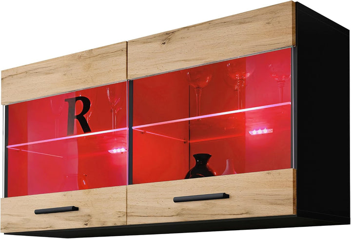 Komodee, Vitrine Schrank Savona, Schwarz/Wotan, Breite 100cm x Höhe 50cm x Tiefe 30cm, LED RGB, 2 Gl