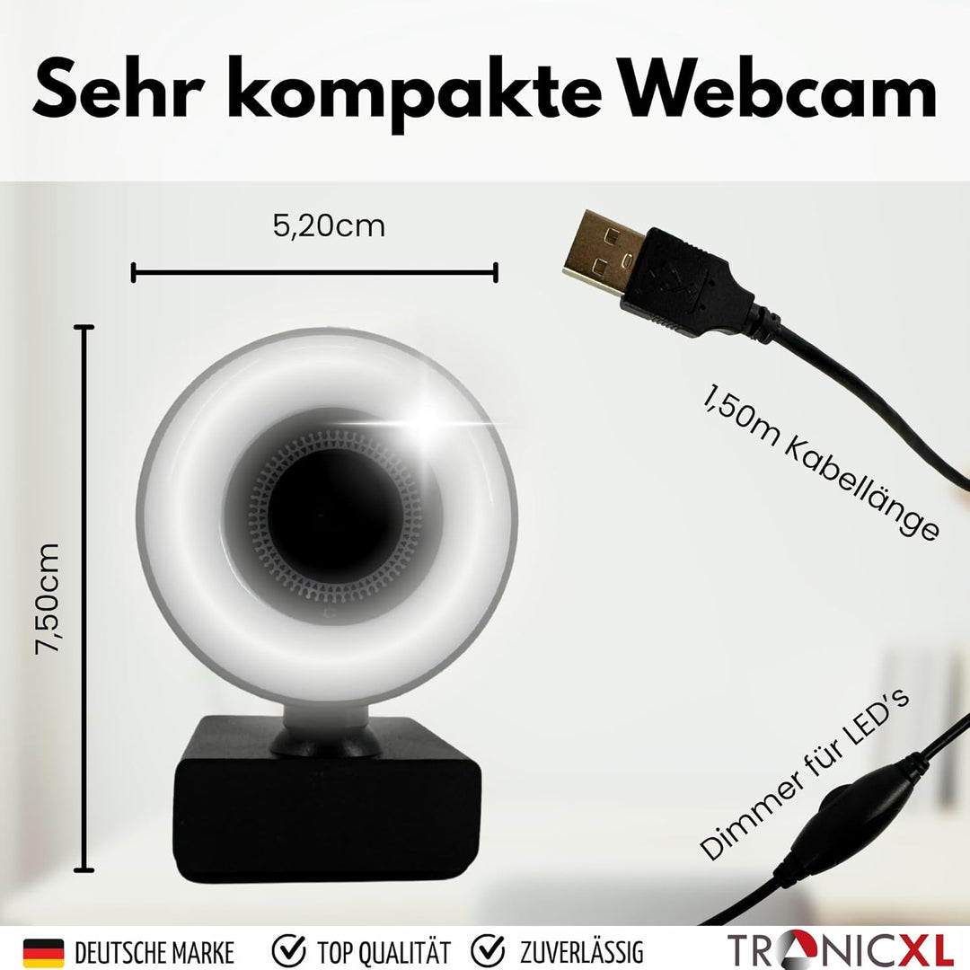 TronicXL Webcam Full HD mit Ringlicht Lampe 1920x1080p Autofokus I 2 Mikrofone Geräuschunterdrückung