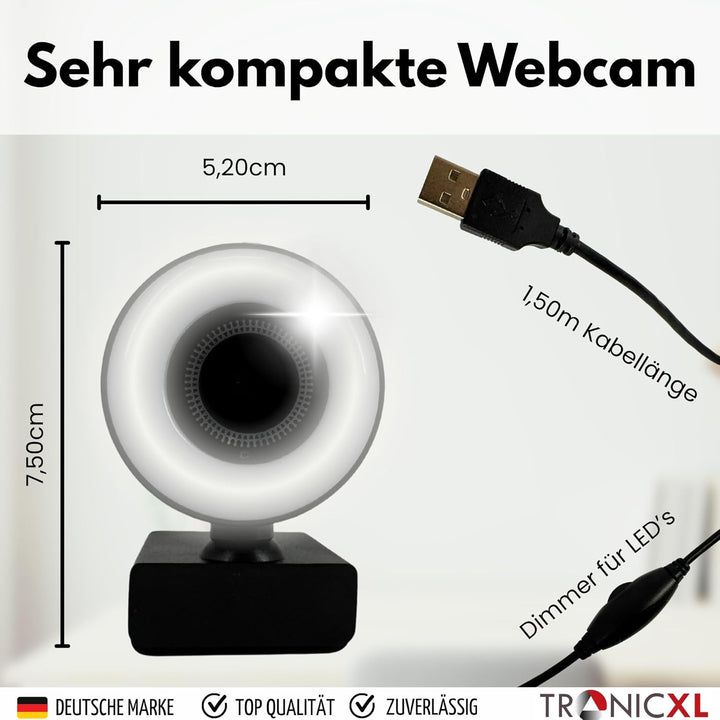 TronicXL Webcam Full HD mit Ringlicht Lampe 1920x1080p Autofokus I 2 Mikrofone Geräuschunterdrückung