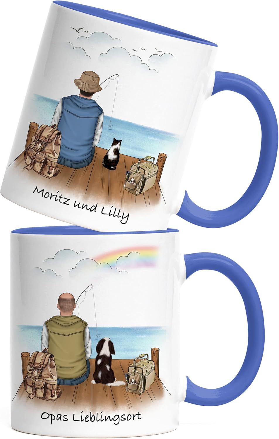 Angler &amp; Hund Tasse Blau Personalisiert Individuell mit Name Angeln Fischen Geschenk Opa Vater zum V