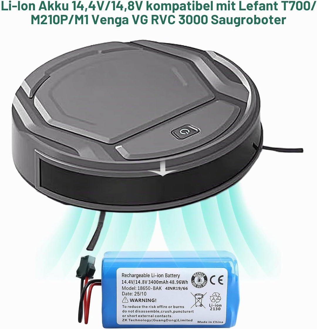 14.4V/14.8V 3400mAh Ersatzakku Kompatibel mit Lefant T700/M210P/M1 Venga VG RVC 3000 Robot Vacuum Cl