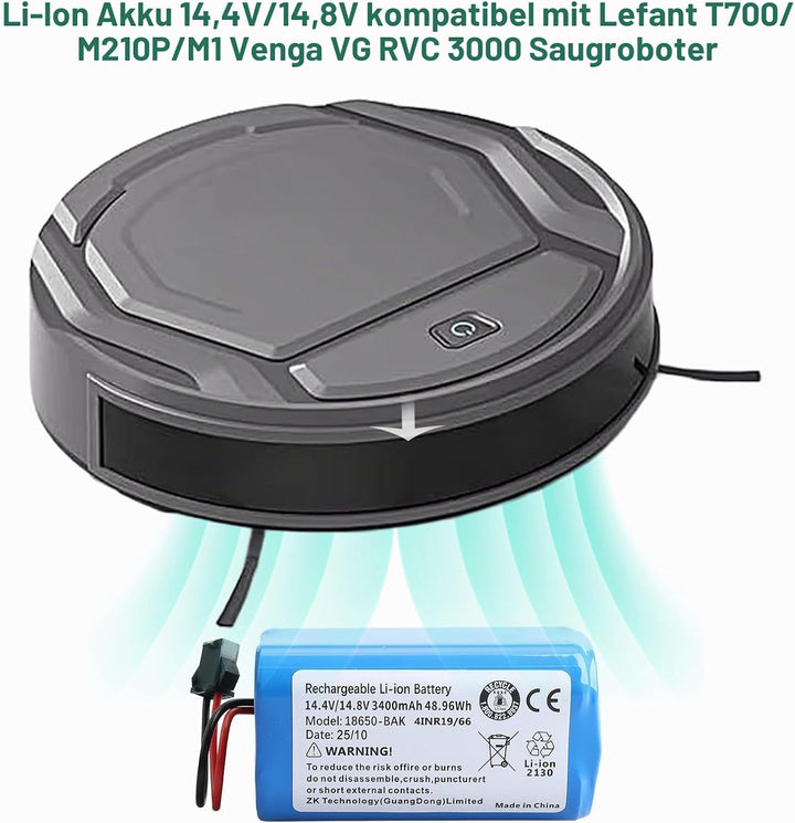 14.4V/14.8V 3400mAh Ersatzakku Kompatibel mit Lefant T700/M210P/M1 Venga VG RVC 3000 Robot Vacuum Cl