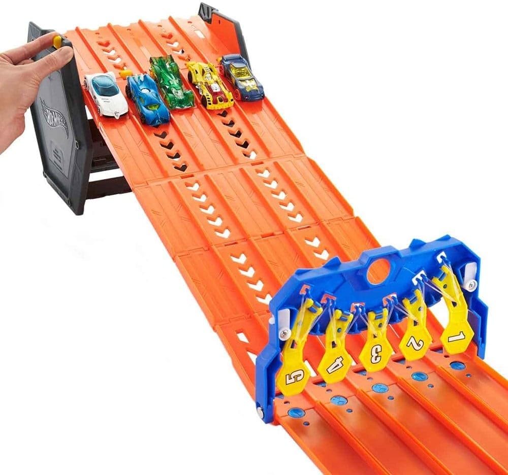 Hot Wheels GYX11 - Rollout Raceway Trackset, lässt sich zu einer fünfspurigen Rennstrecke ausrollen,
