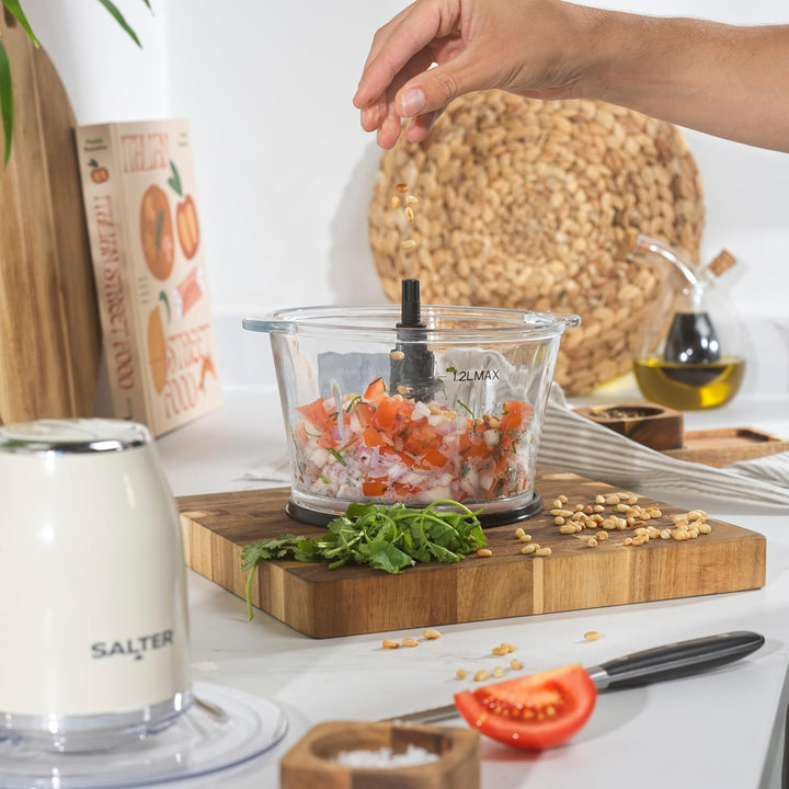 Salter Retro Cream Food Chopper - Elektrisch 1,2 Liter, 2 Geschwindigkeitsstufen, Doppelte Edelstahl
