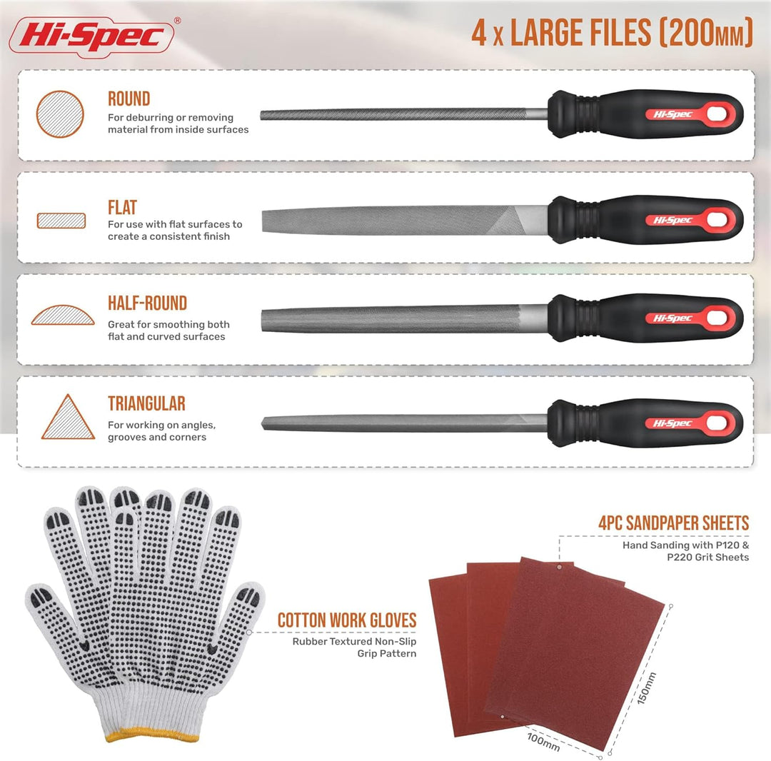 Hi-Spec Feilen Set. 16 tlg. Feilen Set mit 4 x 200mm Feile flach, halbrund, rund, dreieckig 8 x 140m