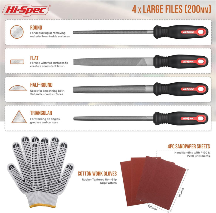 Hi-Spec Feilen Set. 16 tlg. Feilen Set mit 4 x 200mm Feile flach, halbrund, rund, dreieckig 8 x 140m