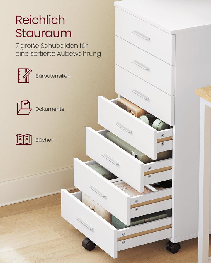 VASAGLE Rollcontainer, mobiler Aktenschrank, Schubladenschrank, Druckerständer mit 7 Schubladen, mit