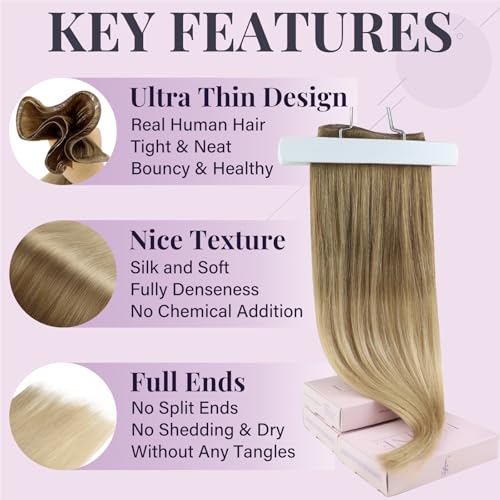 Fshine Echthaar Tressen 60cm 60 Gramm Sew in Hair Extensions zum Einnähen Balayage Golden Brown Fadi