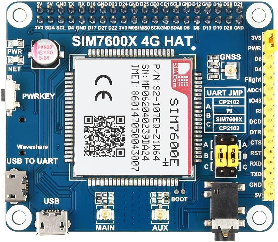 Waveshare 4G/3G/2G/GSM/GPRS/GNSS Hat for Raspberry Pi 4 Jetson Nano Based on SIM7600E-H Supports LTE