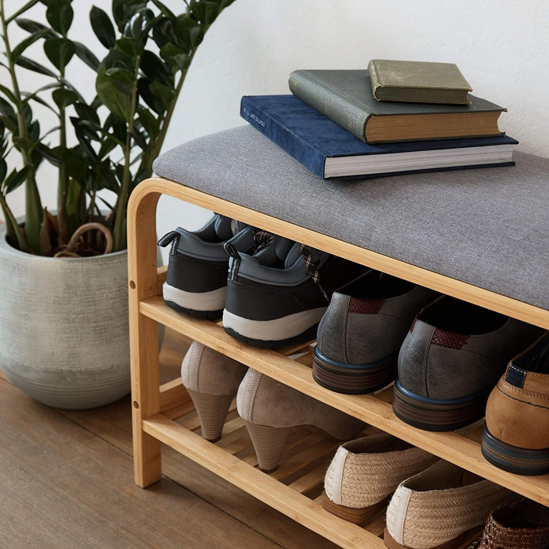 Bambus Schuhregal, Schuhregal aus Bambus mit Sitzbank, Schuhbank mit Sitzkissen, Sitzbank mit zwei E