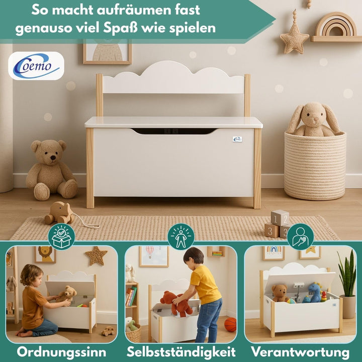 Coemo Spielzeugtruhe mit Sitzbank, Holztruhe Weiss Trudi 60×26×55 cm – Kinderzimmer Bank mit Staurau