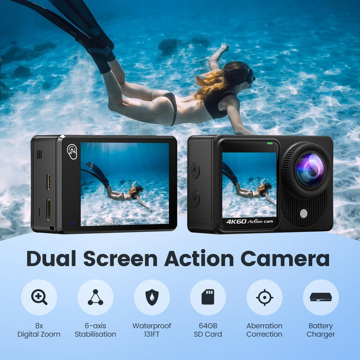 Touchscreen 4K60FPS Action Cam mit 64G Karte, 40M Unterwasserkamera 48MP HD WiFi Kamera mit EIS 8X Z