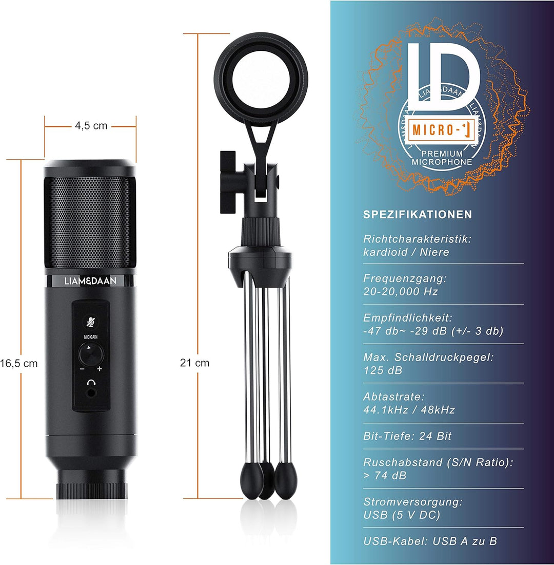 CSL - USB Mikrofon Kondensatormikrofon - PC Mikrofon mit Monitorfunktion – 192 kHz - Mikrofonständer