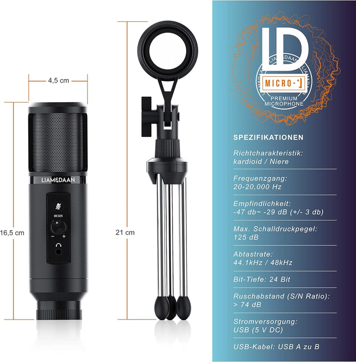 CSL - USB Mikrofon Kondensatormikrofon - PC Mikrofon mit Monitorfunktion – 192 kHz - Mikrofonständer