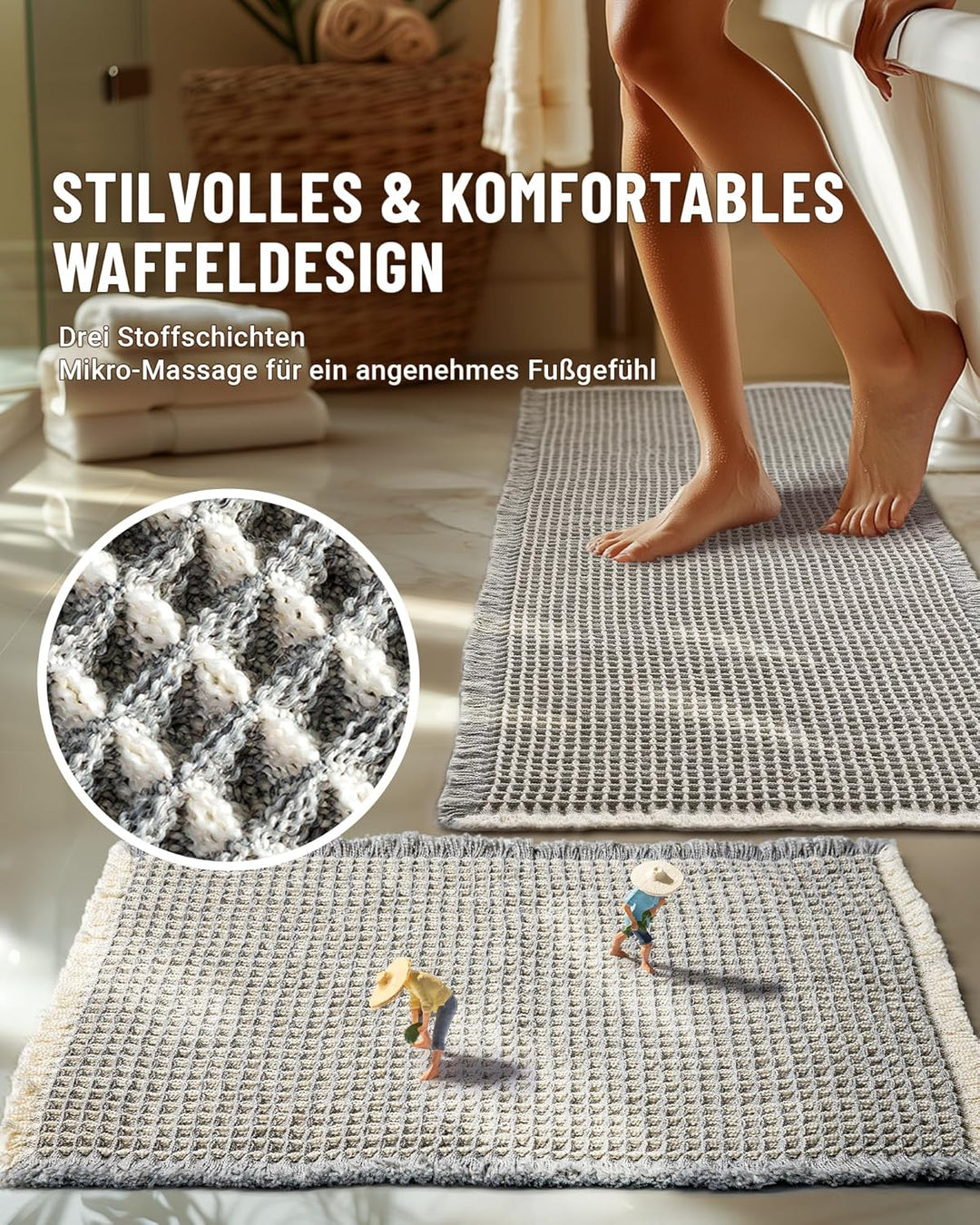 Grosses Badteppich Set, Boho Badematte Grau, Badezimmerteppich Set 2 Teilig, Waschbar Badezimmermatt