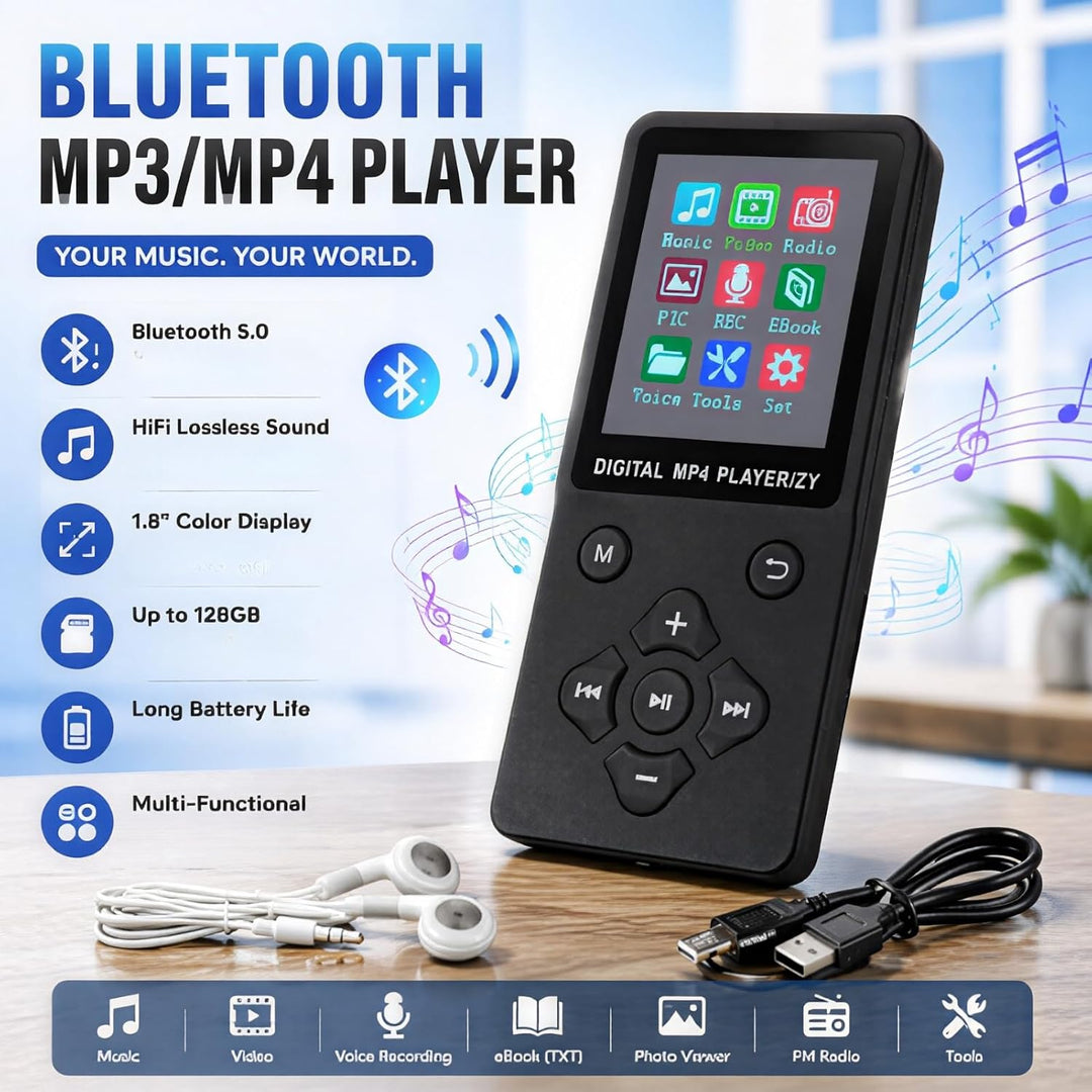 MP3-Player MP4-Player, Verlustfreier HiFi-Musikplayer mit Bluetooth 5.0, 1,8-Zoll-Farbbildschirm, Tr