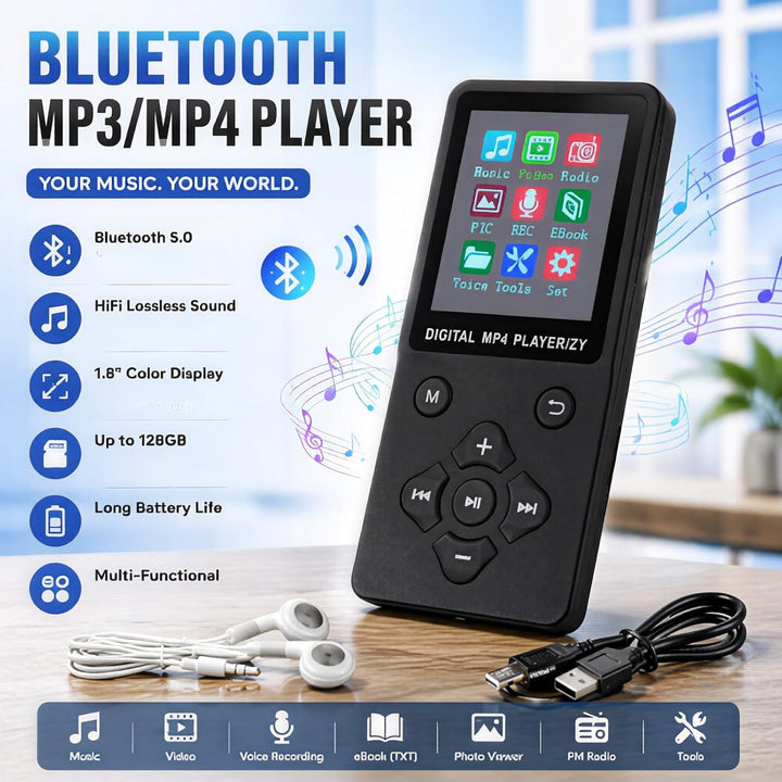 MP3-Player MP4-Player, Verlustfreier HiFi-Musikplayer mit Bluetooth 5.0, 1,8-Zoll-Farbbildschirm, Tr