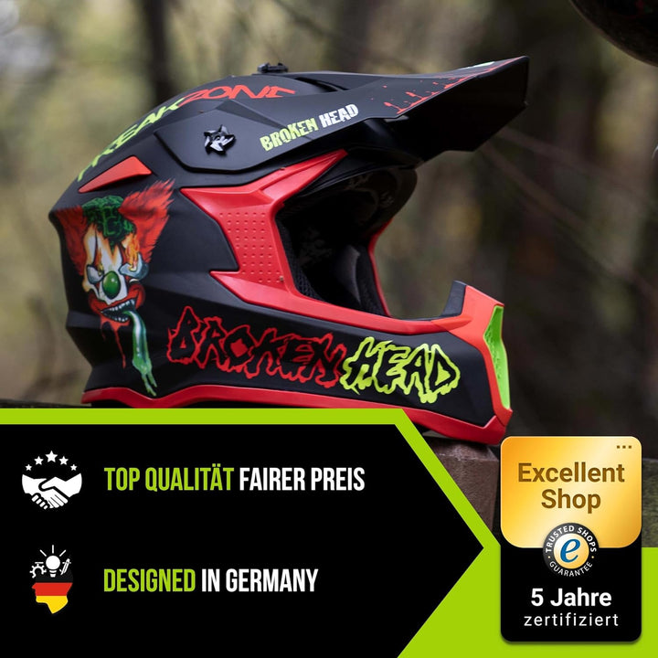 Broken Head FreakZone Motocross-Helm Schwarz-Grün-Rot matt – Cross-Helm – MX – Quad – Supermoto XXL