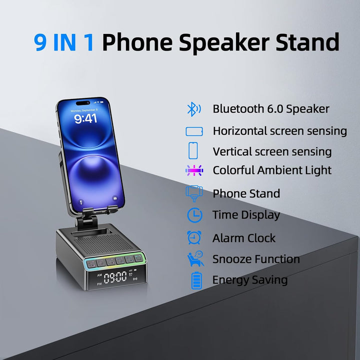 Bluetooth Lautsprecher mit Handyhalterung, 9-in-1 Musikbox Bluetooth 6.0 (Querformat/Hochformat) Ind