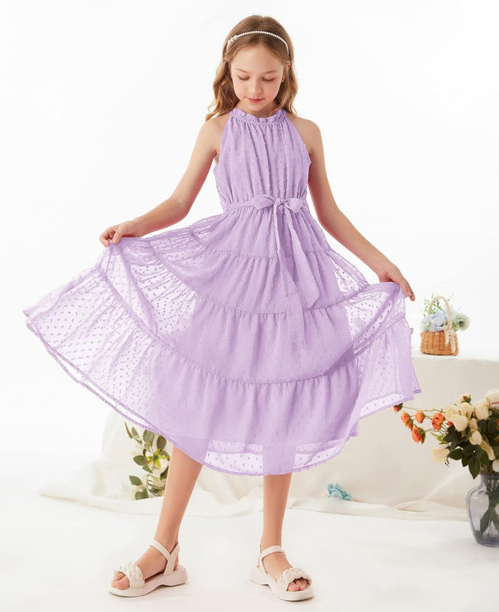GRACE KARIN Mädchen Prinzessin Kleider Neckholder Swiss Dot Kleid A-Linie Maxikleid Casual Party Fes