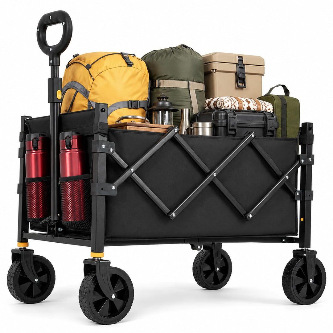 Bollerwagen Faltbar 120L Tragkraft 160KG, 360° Geländeräder, Bollerwagen XL mit 2 Getränkerhaltern,