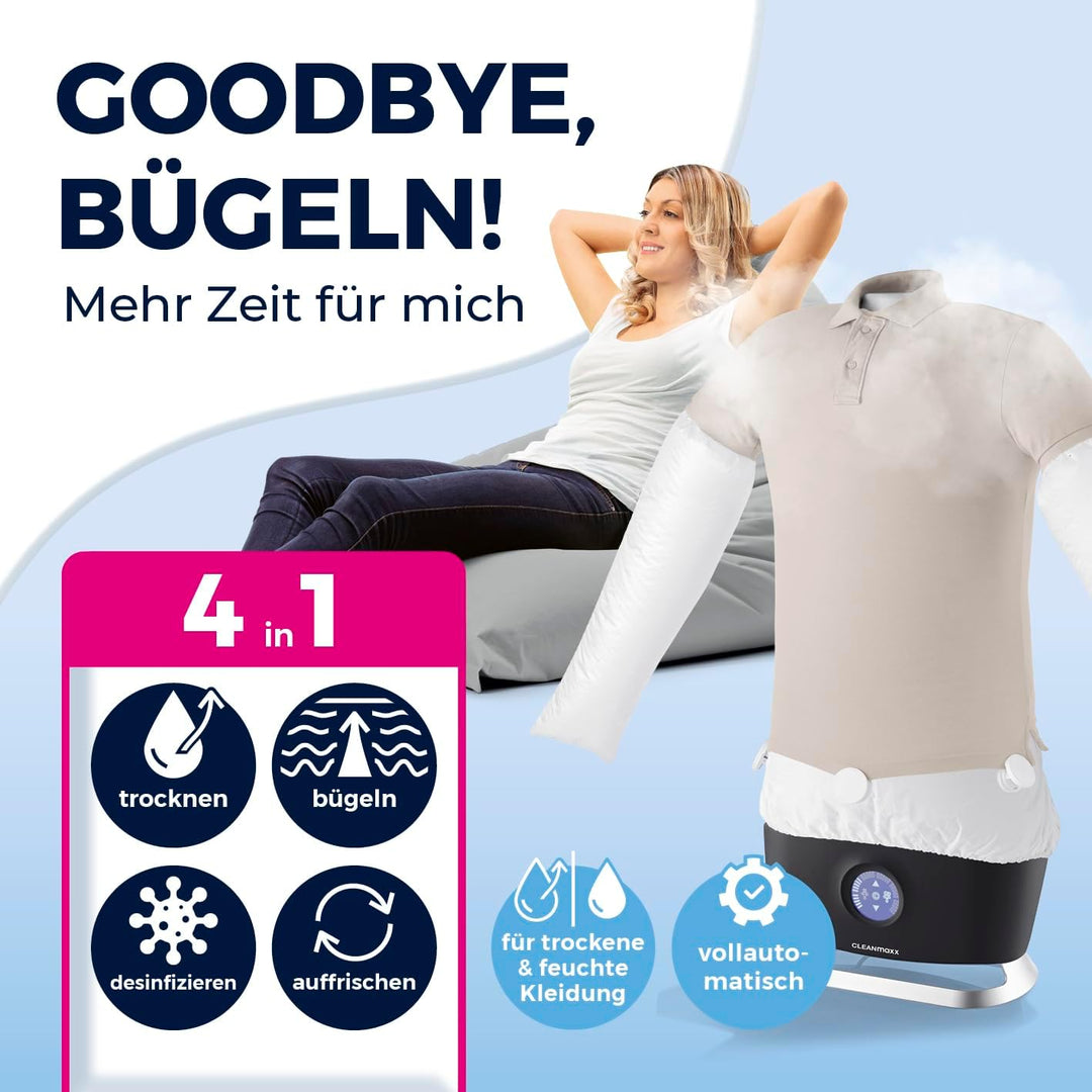 CLEANmaxx automatischer Hemdenbügler PRO STEAM + Hosenaufsatz | Dampffunktion, Touchdisplay | Bügelg