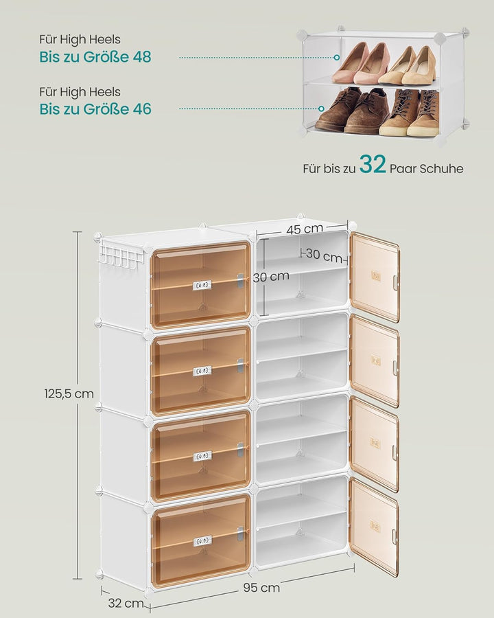 SONGMICS Schuhregal mit 8 Fächern, Schuhschrank, 30 x 45 x 30 cm pro Fach, durchsichtige Tür, Metall