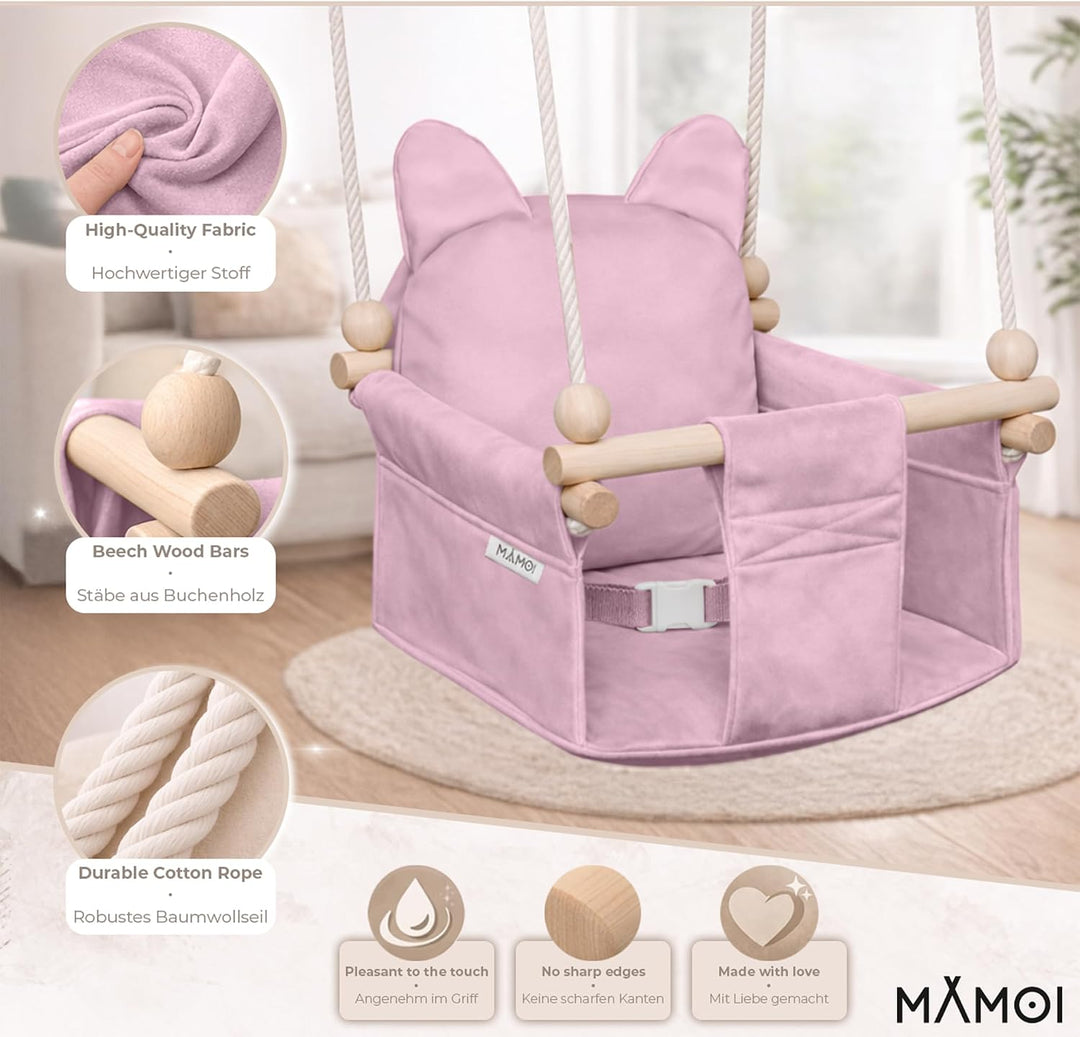 MAMOI® Babyschaukel Kinderschaukel Holz + SICHERHEITSGURT, Schaukel für Kinder Garten Indoor Outdoor